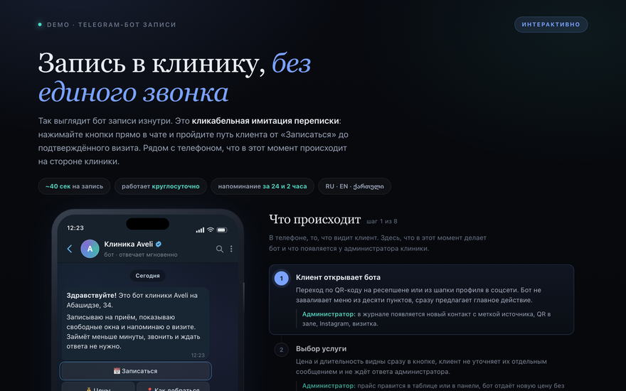Скриншот демо: кликабельное превью бота записи, телефон с перепиской и разбор шагов