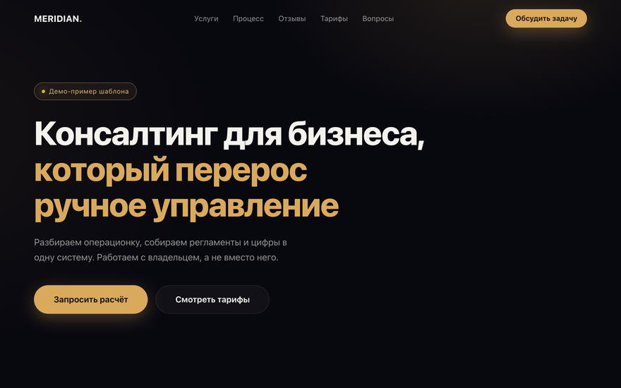 Скриншот демо: тёмный премиальный лендинг консалтинга, крупный заголовок и две кнопки